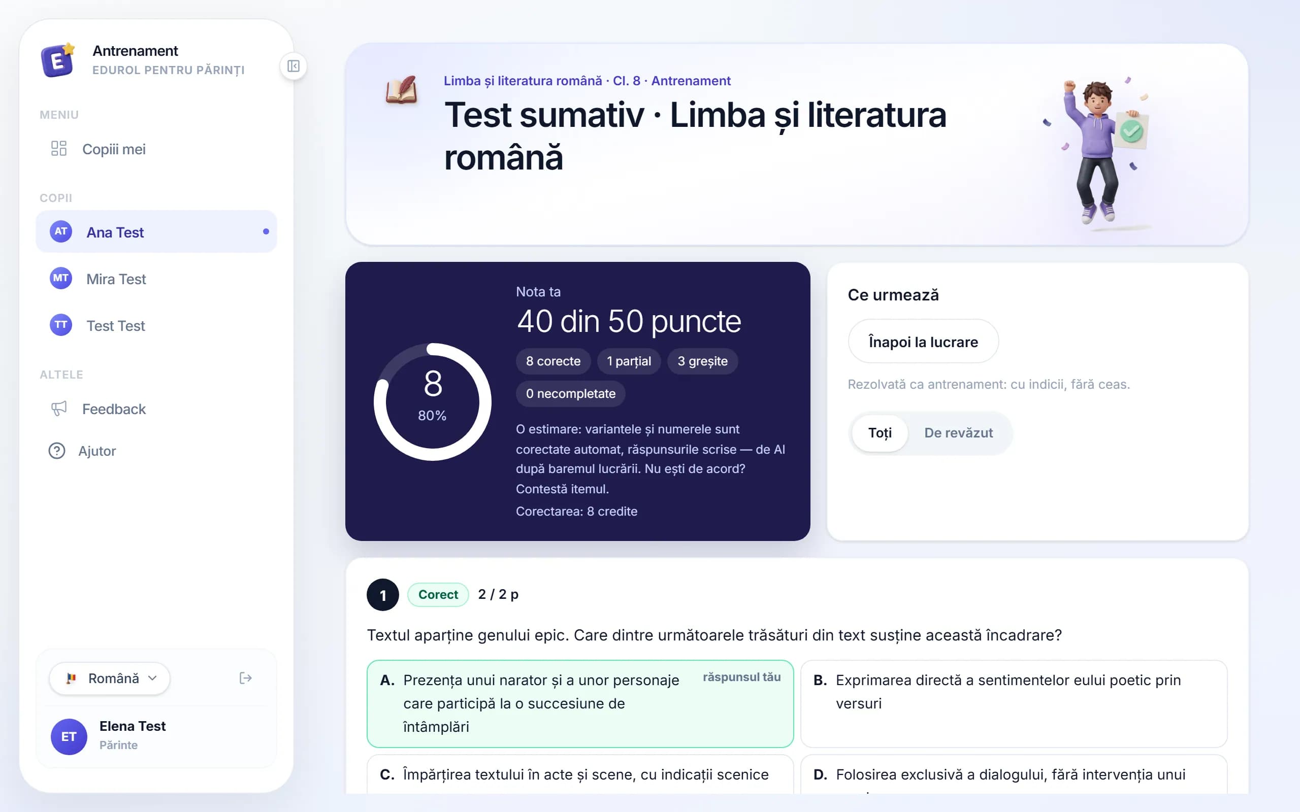 Un test corectat după barem, cu nota și fiecare item