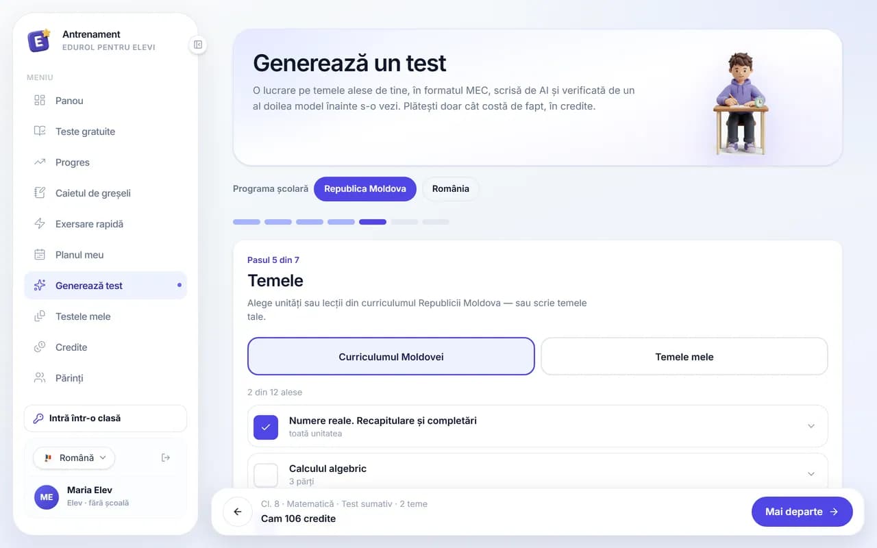 The EduRol test generator: topics picked from the curriculum and the cost in credits, before generating